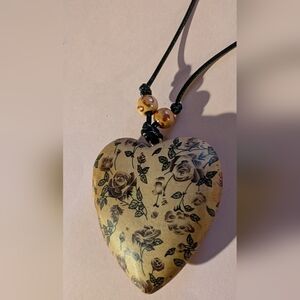 RoseTan Black Puffy Heart Pendant Necklace On Long Cord